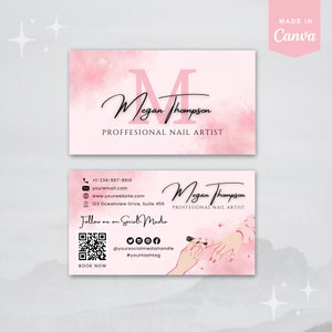 QR-Code Visitenkarte Vorlage | Pink Nail Tech bearbeitbare Nageldesigner-Salon-Visitenkarten Canva Template Kundenspezifische Nagel-Techniker-Rosa-Karte