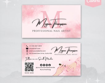 Visitekaartje met QR-code sjabloon | Roze nagelstyliste | Bewerkbare visitekaartjes voor nagelstudio | Canva-sjabloon | Aangepaste roze kaart voor nagelstyliste