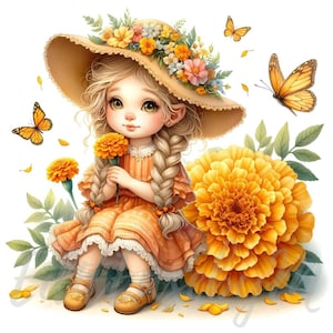 Goudsbloem bloem kabouter clipart | 10 hoogwaardige 300 dpi jpeg's commercieel gebruik schattig herfst boho kabouterkunst oktober geboortemaand gele bloem