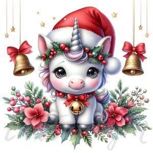 Clipart di unicorno di Natale / 10 JPEG di alta qualità a 300 DPI per uso commerciale Magico unicorno festivo Vacanze invernali Carino bambino unicorno Clip Art