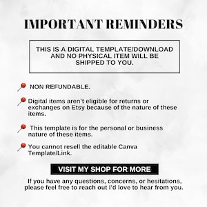 May include: Important reminders for a digital template download. This template is non-refundable, for personal or business use only, and cannot be resold. Visit the shop for more information.