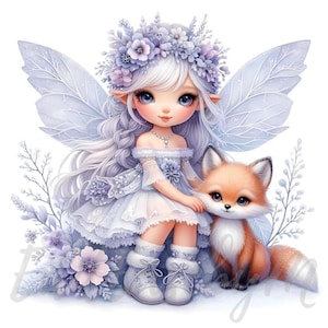 Imágenes prediseñadas de hada de flores de escarcha / 10 JPEG de alta calidad de 300 DPI para uso comercial, linda hada de invierno con zorro, imágenes prediseñadas navideñas caprichosas para decoración