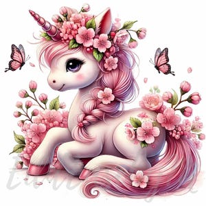 Clipart Licorne brise de fleurs | 10 fichiers JPEG 300 ppp de haute qualité à usage commercial, fleur de cerisier rose, joli bébé licorne, décoration printanière fantastique