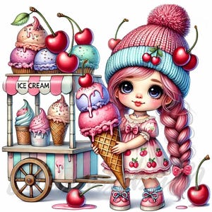 Sorvete Sonho Gnomo Clipart | 10 Alta Qualidade 300 DPI JPEGs Uso Comercial Kawaii Sobremesa Menina Bonita Clip Art Whisical Cereja Decoração de Verão