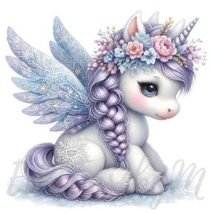Clipart di unicorno fata fiore di gelo / 10 JPG di alta qualità a 300 DPI Uso commerciale Paese delle meraviglie invernale Carino bambino unicorno Fantasy Clip Art Decor