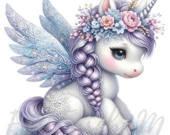 Puede incluir: Un unicornio blanco con una melena y cola moradas, que lleva una corona de flores y alas azul hielo. El unicornio tiene ojos azules y una nariz rosa. El fondo es blanco.