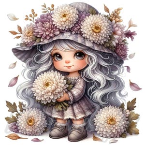 Clipart nain fleur de chrysanthème | 10 fichiers JPEG 300 ppp de haute qualité à usage commercial gnome kawaii novembre mois de naissance jardin de fleurs automne