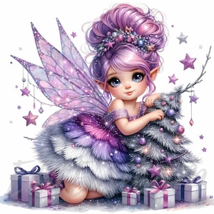 Clipart de hada del árbol morado / 10 JPEG de alta calidad de 300 DPI para uso comercial, decoración navideña kawaii de invierno encantada con una linda niña caprichosa