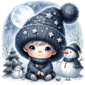 Gnomo de la noche estrellada Clipart / 10 JPEG de alta calidad de 300 DPI para uso comercial, decoración navideña con un niño lindo en el país de las maravillas invernal y la luna