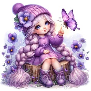 Clipart de gnomo con flores violetas / 10 JPEG de alta calidad de 300 DPI para uso comercial, fantasía, mes de nacimiento de febrero, flores, fantasía, arte decorativo, clipart