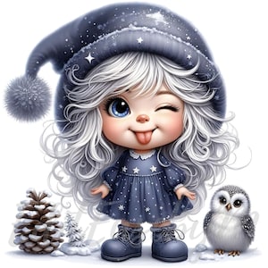 Clipart gnome Frosty Fable | 10 fichiers JPEG 300 ppp de haute qualité à usage commercial, clipart de fille mignonne et décalé de Noël, décoration amusante, harfang des neiges festif