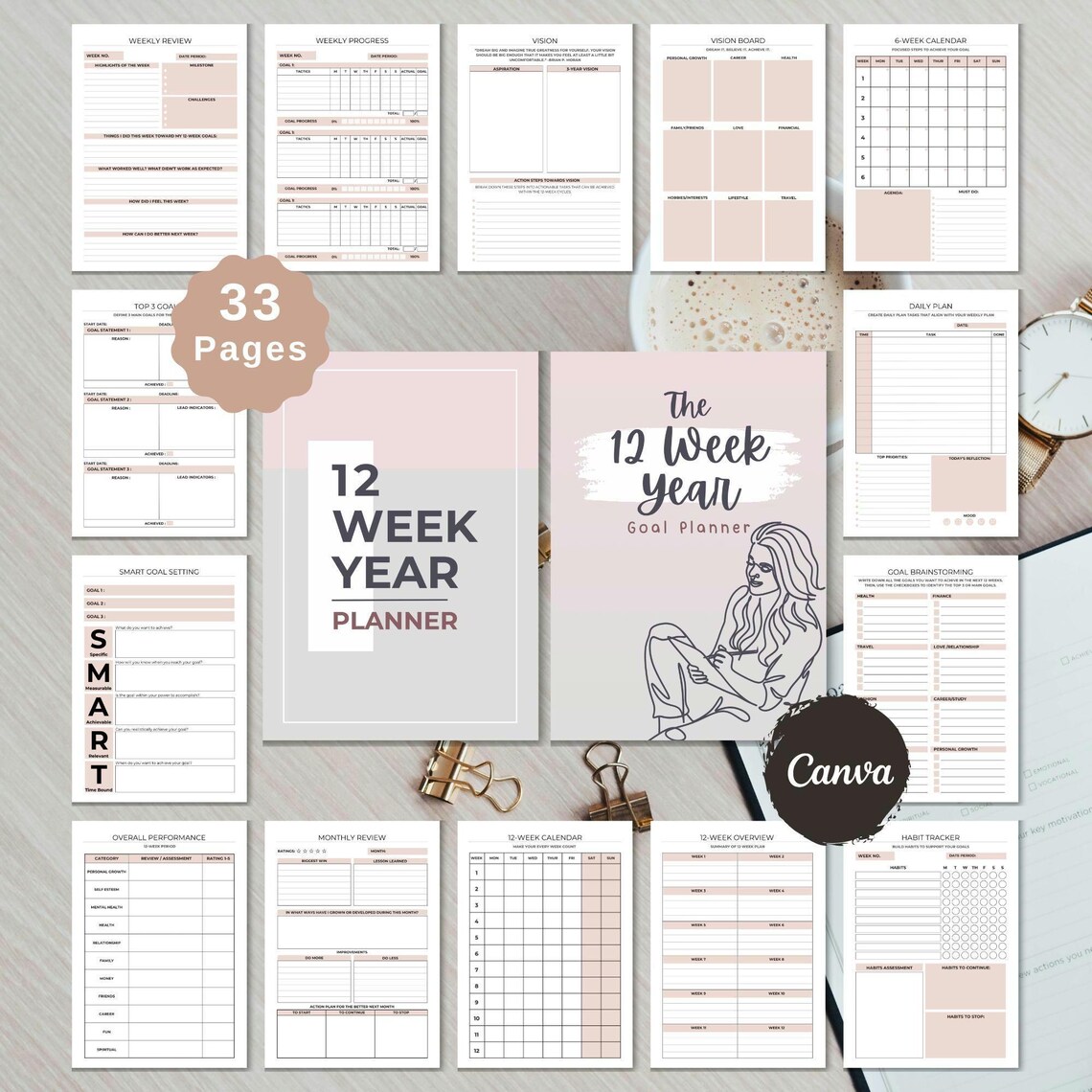12 Week Year Planner Template Printable 90 Day Goal Planner Canva ...