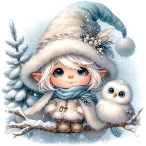 Gnome gardien de harfang des neiges | 10 fichiers JPEG 300 ppp de haute qualité à usage commercial, clipart de garçon au pays des merveilles de l'hiver, décoration fantastique de Noël