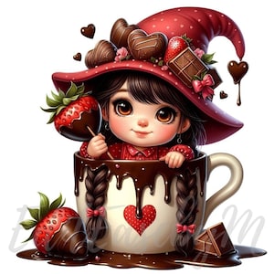Choco Lover Gnome Clipart | 10 JPEGs de alta qualidade de 300 DPI para uso comercial, arte de clipe de garota fofa de dia dos namorados caprichosa, decoração com tema de amor romântico