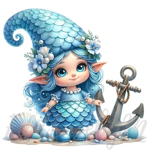 Gnomo de Oceana (10 imágenes JPEG de alta calidad de 300 DPI) para uso comercial, diseño de sirena del océano, fantasía kawaii azul de verano, decoración de playa