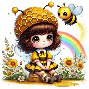 May include: A cute cartoon bee girl wearing a yellow and brown honeycomb hat and dress, sitting on a honey pot with a bee flying above her. A rainbow is in the background with yellow flowers.