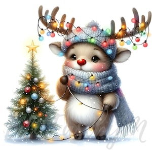 Clipart de reno navideño / 10 JPEG de alta calidad de 300 DPI para uso comercial. Clip art de reno festivo, lindo y caprichoso.