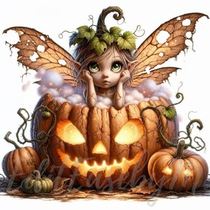 Clipart fée parasite citrouille | 10 fichiers JPEG 300 ppp de haute qualité à usage commercial, tête de citrouille fantaisiste, Halloween, fée, fille mignonne, automne