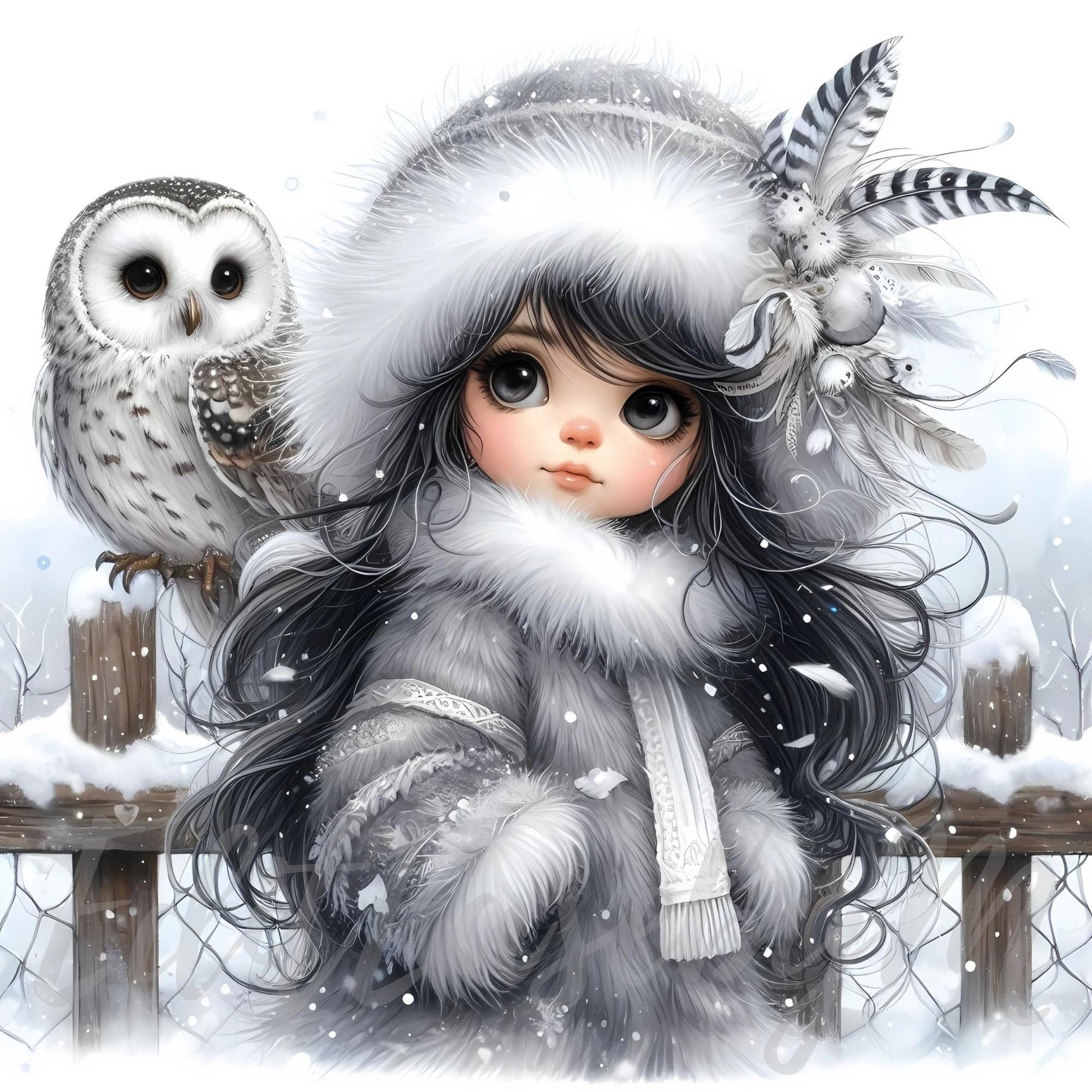 Snowy Owl Keeper Gnome Clipart | 10 High-Quality 300 DPI JPEGs Commercial Use Whimsical Cute Girl Ch