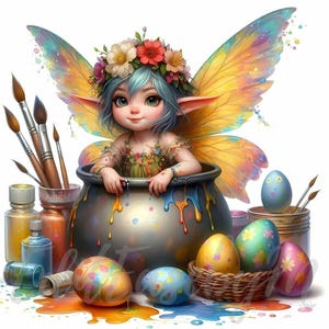 Könnte beinhalten: Eine skurrile Illustration einer Fee mit blauen Haaren, einem Blumenkranz und bunten Flügeln, die in einem Farbtopf sitzt. Pinsel, Farbtöpfe und dekorierte Ostereier umgeben die Fee und schaffen eine lebendige und künstlerische Szene.