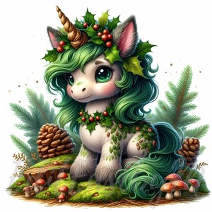 Clipart de unicornio de bosque perenne / 10 imágenes JPEG de alta calidad de 300 DPI para uso comercial, decoración navideña festiva, fantástica y divertida para invierno.