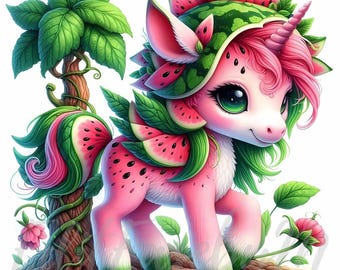 Watermelon Whisper Unicorn Clipart | 10 JPG Commercial Use,  Summer Spring Fall Fruit Baby Unicorn, Junk Journal, Card Making, Nursery Decor