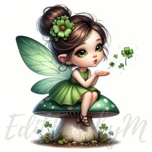 Clipart fée trèfle | 10 fichiers JPG 300 ppp de haute qualité à usage commercial lunatique Saint-Patrick mignon fille verte porte-bonheur clipart fantaisie déco