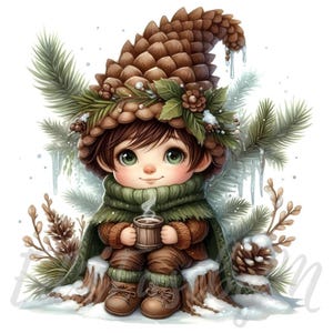 Clipart di gnomo di pigna del bosco / 10 JPEG di alta qualità a 300 DPI per uso commerciale, magico, accogliente, invernale, carino, ragazzo, clipart natalizio, decorazione fantasy