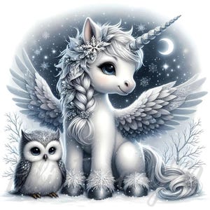 Clipart Licorne Harfang des neiges | 10 fichiers JPEG 300 ppp de haute qualité à usage commercial Noël fantaisiste, décoration d'hiver magique, clipart bébé licorne mignon
