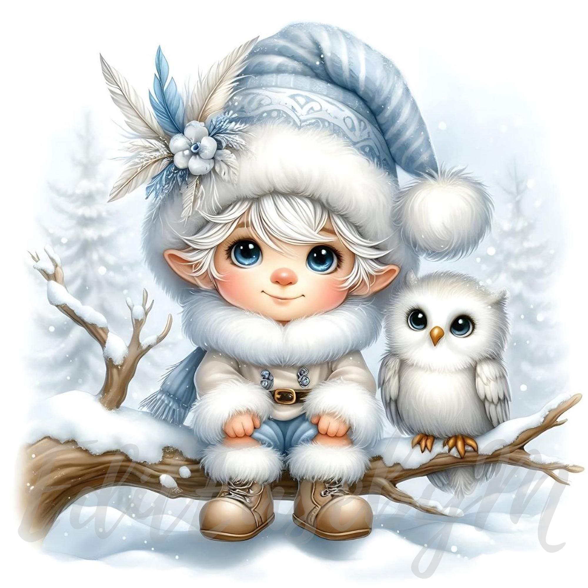 Snowy Owl Keeper Gnome Clipart | 10 High-Quality 300 DPI JPEGs Commercial Use Winter Wonderland Cute