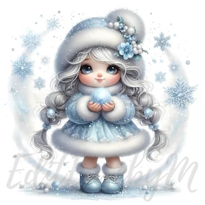 Snowdrift Gnome Clipart | 10 JPEGs de alta qualidade de 300 DPI para uso comercial Winter Wonderland Cute Girl Fantasy Clip Art Decoração de Natal azul