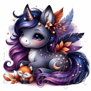 Clipart licorne renard automne | 10 fichiers JPEG 300 ppp de haute qualité à usage commercial, automne boisé fantaisiste, décoration de chambre d'enfant automne, animal de la forêt