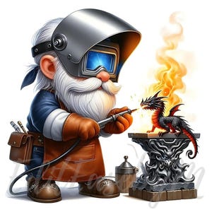 May include: A whimsical illustration of a gnome welding a small dragon. The gnome wears a welding mask, gloves, and apron. The dragon is black and red, perched on a decorative stand, with flames emanating from the welding torch.