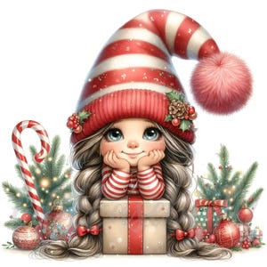 Gnomo de bastón de caramelo (10 imágenes JPEG de alta calidad de 300 DPI) para uso comercial, arte imprimible de acuarela para Navidad, invierno y vacaciones.