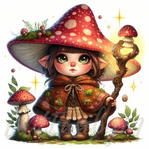 Gnome champignon enchanté | 10 fichiers JPG 300 DPI de haute qualité à usage commercial Forêt magique Halloween Artisanat pour fille Scrapbooking pour chambre d'enfant