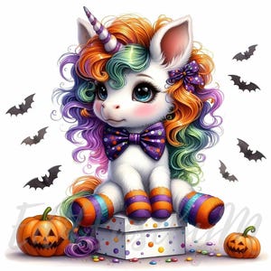 Clipe de unicórnio palhaço trapaceiro | 10 JPEGs de alta qualidade com 300 DPI para uso comercial, decoração de fantasia fofa de unicórnio de bebê Kawaii e Halloween