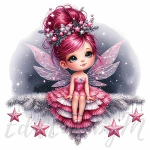 Clipart de hada del árbol rosa / 10 JPEG de alta calidad de 300 DPI para uso comercial, fantasía navideña de niña linda y caprichosa, decoración navideña de país de las maravillas invernal