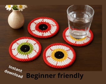 Crochet Eyeball Coasters Tutorial, PDF Pattern for Beginners, Crocheted Table Accessories
