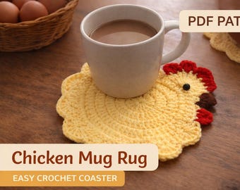 Padrão de crochê para porta-copos de galinha em PDF | Tapete para caneca fácil para iniciantes | Porta-copos para cozinha estilo fazenda