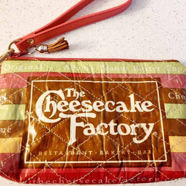 Upcycled Cheesecake Factory wristlet, gift for woman, gift for teenager, gift for coworker, fun gift, wristlet, upcycled bag, gift for Mom