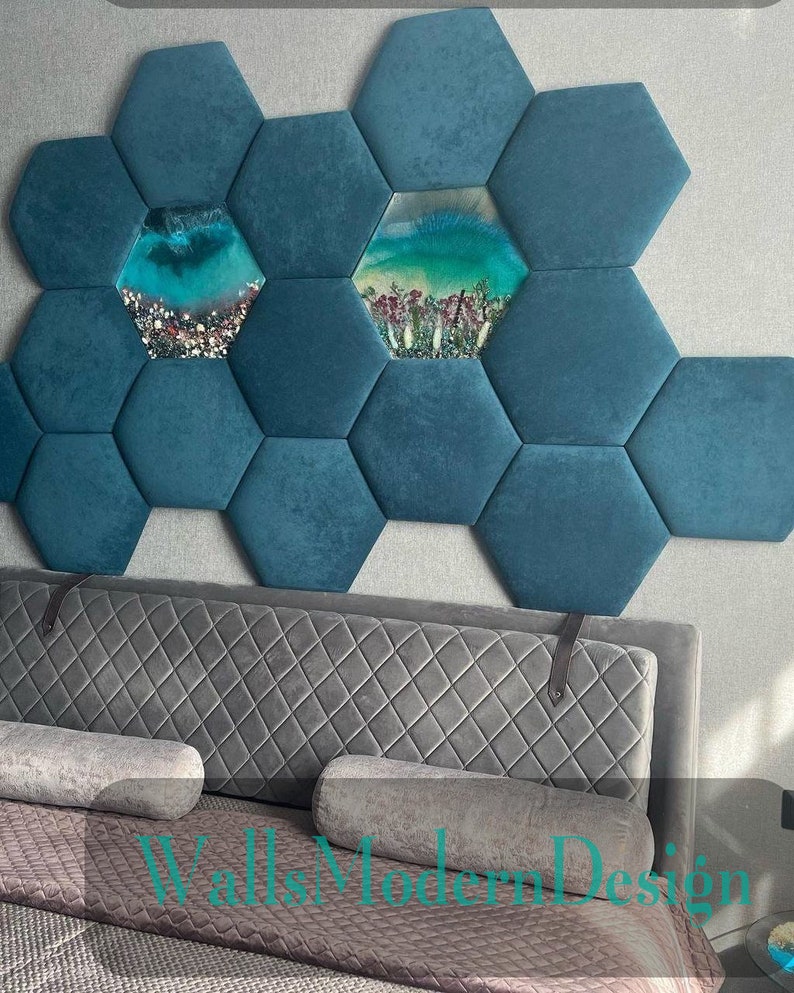SET Hexagons Headboard soft panels Upholstered soft bumper, soft wall padding padded boards, wall cushion, wandkissen, wandpaneele image 2