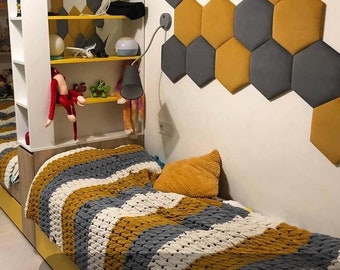 SET Hexagons Cabecero paneles blandos (Parachoques blando tapizado, acolchado de pared suave) tableros acolchados, cojín de pared, wandkissen, wandpaneele