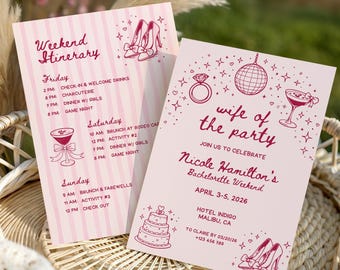 Wife Of A Party Bachelorette Itinerary, Editable Canva Template, Hen Weekend Invitation, Red Bow Pink Stripes, Girls Trip Weekend Planner