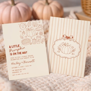 May include: Two rectangular paper cards with cream backgrounds and brown line art. One card features autumn icons and text reading A LITTLE PUMPKIN IS ON THE WAY, JOIN US FOR A SUNDAY BRUNCH, HAILEY & GARRETT, OCTOBER 2, 2025, 10:30 AM, THE BEEHOUSE CAFE.
