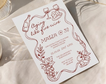Wein-Party-Einladung Canva wunderliche handgezeichnete Altern wie feiner Wein-Geburtstags-Einladung im Alter zur Perfektion Geburtstag einladen Weinprobe