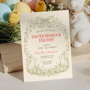 Editable Happy Easter Brunch and Egg Hunt Invitation, Canva Template, Green and Pink Bow Spring Invite, Whimsical Handdrawn Coquette