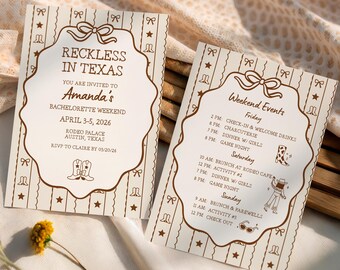 Reckless In Texas Nashville Bachelorette Invite Template, Handdrawn Cowgirl Party Invite, Canva Digital Download