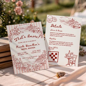 That's Amore Bridal Shower Invitation Template Handdrawn, Canva Editable Italian Summer Themed Brunch Party Invite, Ciao Bella, Red Stripes image 2