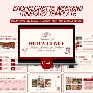 May include: A digital bachelorette weekend itinerary template with a western theme. The design features a laptop screen displaying "Welcome to Wild Wild Wife" with cowboy boots and a hat. Includes 20 fully editable pages.