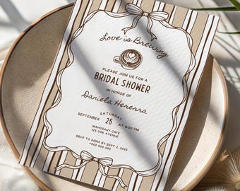 Editable Coffee Bridal Shower Invite Template Canva Digital Download, Love Is Brewing Cafe Themed Party, Whimsical Bow Handdrawn Invitation